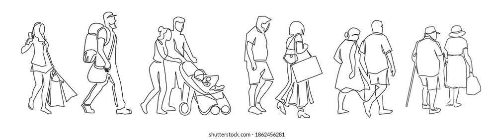 Continuous one line drawing urban residents walking city street  Group different people walking city background  Casual townspeople crosses the road in one way hand drawn vector illustration
