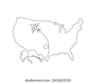 Continuous one line drawing of USA map with airplane. America map combined with airplane simple outline vector illustration. Editable stroke.