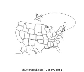 Dibujo continuo de una línea del mapa de Estados Unidos con el avión. Mapa de América combinado con Ilustración vectorial de contorno simple de avión. Trazo editable.