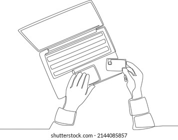 Continuous one line drawing of Using laptop, pay online with credit card. Single line draw design vector graphic illustration.