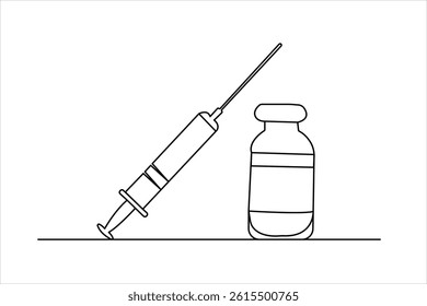 Continuous one line drawing of Vaccine and syringe outline art vector illustration