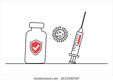 Continuous one line drawing of Vaccine and syringe outline art vector illustration