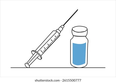 Continuous one line drawing of Vaccine and syringe outline art vector illustration