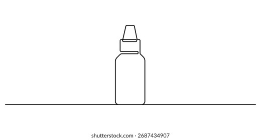 Desenho contínuo de uma linha do frasco de vacina. Ilustração de uma linha única do frasco para injetáveis. Conceito de proteção contra vírus. Ilustração vetorial
