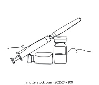 Continuous one line drawing of vaccines and syringe in silhouette on a white background. Linear stylized.Minimalist.