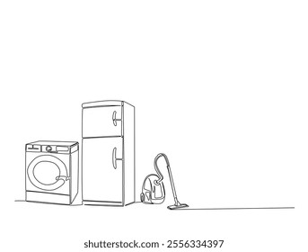 Continuous one line drawing of Vacuum cleaner, refrigerator and washing machine. Household appliances in single line draw vector illustration. Editable vector. 
