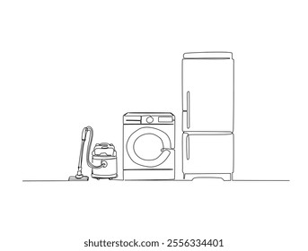 Continuous one line drawing of Vacuum cleaner, refrigerator and washing machine. Household appliances in single line draw vector illustration. Editable vector. 
