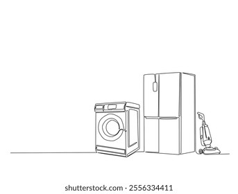 Continuous one line drawing of Vacuum cleaner, refrigerator and washing machine. Household appliances in single line draw vector illustration. Editable vector. 
