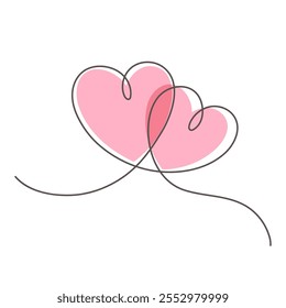 Continuous One Line Drawing. Valentine day theme illustration. Two Hearts Trendy Minimalist Illustration. Vector illustration.