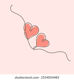 Continuous One Line Drawing. Valentine day theme illustration. Two Hearts Trendy Minimalist Illustration. Vector illustration.