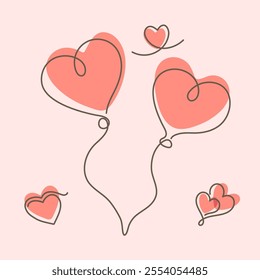 Continuous One Line Drawing. Valentine day theme illustration. Two Hearts Hot air Balloons Trendy Minimalist Illustration. Vector illustration.