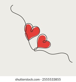 Continuous One Line Drawing. Valentine day theme illustration. Two Hearts Trendy Minimalist Illustration. Vector illustration.