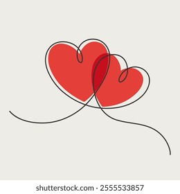 Continuous One Line Drawing. Valentine day theme illustration. Two Hearts Trendy Minimalist Illustration. Vector illustration.