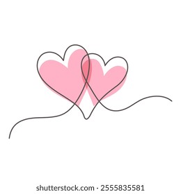 Continuous One Line Drawing. Valentine day theme illustration. Two Hearts Trendy Minimalist Illustration. Vector illustration.