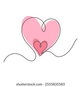 Continuous One Line Drawing. Valentine day theme illustration. Two Hearts Trendy Minimalist Illustration. Vector illustration.