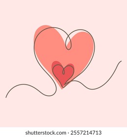 Continuous One Line Drawing. Valentine day theme illustration. Two Hearts Trendy Minimalist Illustration. Vector illustration.