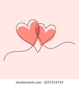 Continuous One Line Drawing. Valentine day theme illustration. Two Hearts Trendy Minimalist Illustration. Vector illustration.