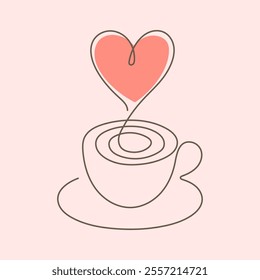 Continuous One Line Drawing. Valentine day theme illustration. Cup of Coffee Trendy Minimalist Illustration. Vector illustration.
