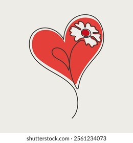 Continuous One Line Drawing. Valentine day theme illustration. Heart with Flower Trendy Minimalist Illustration. Vector illustration.