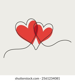 Continuous One Line Drawing. Valentine day theme illustration. Two Hearts Trendy Minimalist Illustration. Vector illustration.