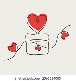 Continuous One Line Drawing. Valentine day theme illustration. Gift box Trendy Minimalist Illustration. Vector illustration.