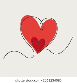 Continuous One Line Drawing. Valentine day theme illustration. Two Hearts Trendy Minimalist Illustration. Vector illustration.