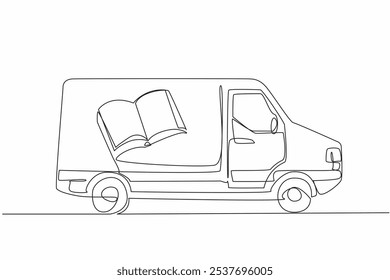 Línea continua que dibuja una furgoneta con imágenes de libros en el lado de su cuerpo. Modificar coches con un noble propósito. Educativo. Día Nacional del Libro Móvil. Ilustración vectorial de diseño de dibujo de línea única