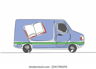 Línea continua que dibuja una furgoneta con imágenes de libros en el lado de su cuerpo. Modificar coches con un noble propósito. Educativo. Día Nacional del Libro Móvil. Ilustración vectorial de diseño de dibujo de línea única