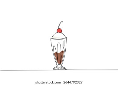 Continuous one line drawing vanilla sundae ice cream with cherry topping. Guaranteed freshness when summer arrives. Delicious. National Cherry Dessert Day. Single line draw design vector illustration