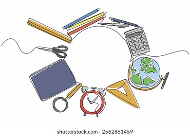 Continuous one line drawing various work or study equipment is made into circle. Needs that make work easier. Convenience. Regularity. World Stationery Day. Single line draw design vector illustration