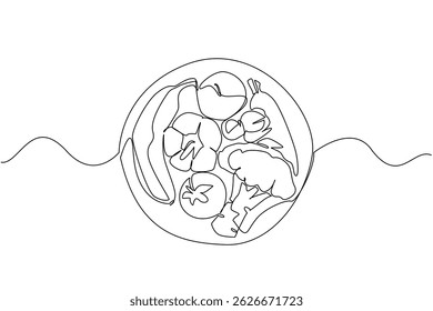 Continuous one line drawing various fruits and vegetables on a plate. Vitaminized. Nutritious. Healthier. Freshness. Eat More Fruits and Vegetables Day. Single line draw design vector illustration