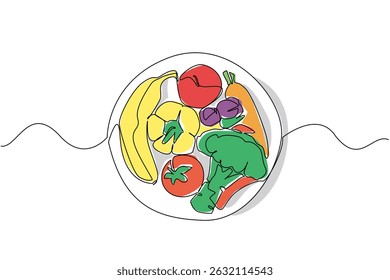 Continuous one line drawing various fruits and vegetables on a plate. Vitaminized. Nutritious. Healthier. Freshness. Eat More Fruits and Vegetables Day. Single line draw design vector illustration