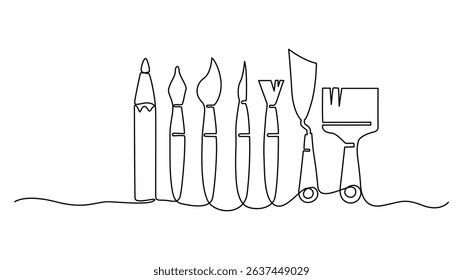 Continuous One Line Drawing of Various Art Supplies