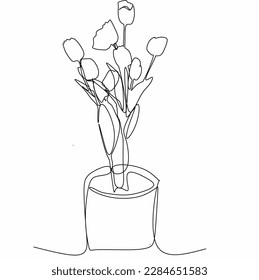 Continuous one line drawing of vase with plant. Doodle vector illustration