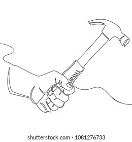 Continuous one line drawing vector hand with hammer, hand drawn line illustration