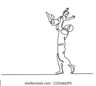 Continuous one line drawing vector illustration. Father with son in hands.