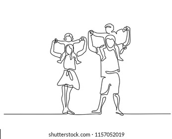 Continuous one line drawing vector illustration. Happy family father and mother with children on shoulders