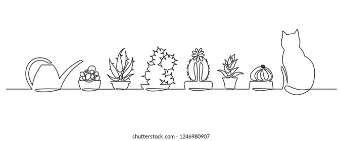 Continuous One Line Drawing Of Vector Cute Cactus. Black And White Sketch House Plants With A Cat And A Watering Can On The Window Sill. Isolated Potted Cactus Family Hand Drawn Illustration