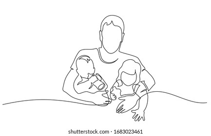 Continuous one line drawing vector illustration  Father and two kids in hands 