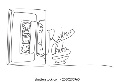 Continuous one line drawing vector illustration of tape spelling the word retro party. Mix tape easy to edit layers, groups, isolate tape element, mesh only used in background layer. Single line draw