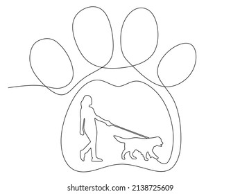 Continuous one line drawing vector illustration of a paw pad. The woman is walking the dog on a leash. 