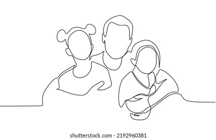 Continuous one line drawing vector illustration. Father with two kids in hands.