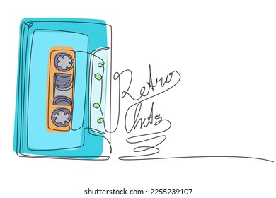 Continuous one line drawing vector illustration of tape spelling the word retro party. Mix tape easy to edit layers, groups, isolate tape element, mesh only used in background layer. Single line draw