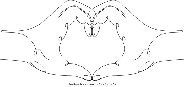 Continuous one line drawing vector illustration featuring three hand gestures holding hands, heart shape gesture, and intertwined pinkies with hearts, symbolizing love, connection, trust, and emotiona