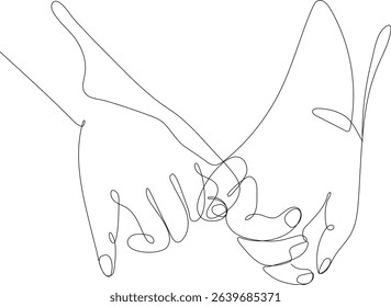 Continuous one line drawing vector illustration featuring three hand gestures holding hands, heart shape gesture, and intertwined pinkies with hearts, symbolizing love, connection, trust, and emotiona