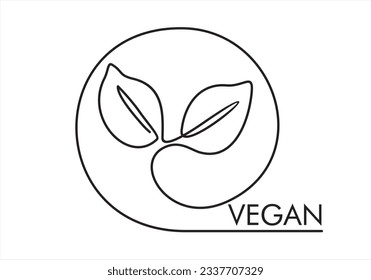 Continuous one line drawing of Vegan label badge. Vegetarian stamp illustration on isolated transparent background. Eco natural food concept.