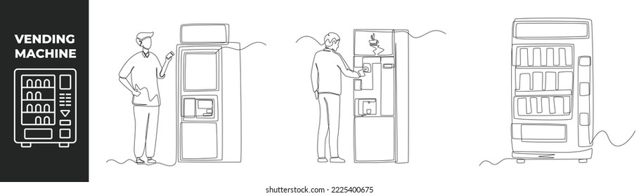 Continuous one line drawing vending machine set concept. Businessman use vending machine for buying food and drinks. Automatic machines dispensing. Single line draw design vector graphic illustration.