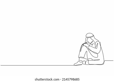 Continuous one line drawing very sad Arab businessman sitting alone on the floor. Depressed young man disorder, sad, sorrow, disappointment symptom. Single line draw design vector graphic illustration