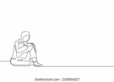 Continuous one line drawing very sad Arab businesswoman sitting alone on floor. Depressed young woman disorder, sad, sorrow, disappointment symptom. Single line draw design vector graphic illustration