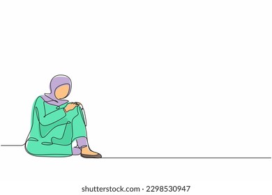 Continuous one line drawing very sad Arab businesswoman sitting alone on floor. Depressed young woman disorder, sad, sorrow, disappointment symptom. Single line draw design vector graphic illustration